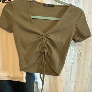 Zara Olive Green Ribbed Ruched Women Top
